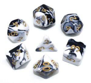 dnd dice set black & white marble rpg polyhedral dice fit dungeons and dragons(d&d) pathfinder mtg tabletop role playing game 7-die dice set