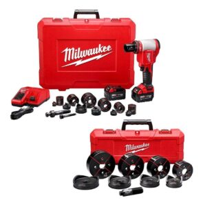 milwaukeetool m18 18-volt lithium-ion 1/2 in. - 4 in. force logic high capacity cordless knockout tool kit/w die set, 3.0ah batteries