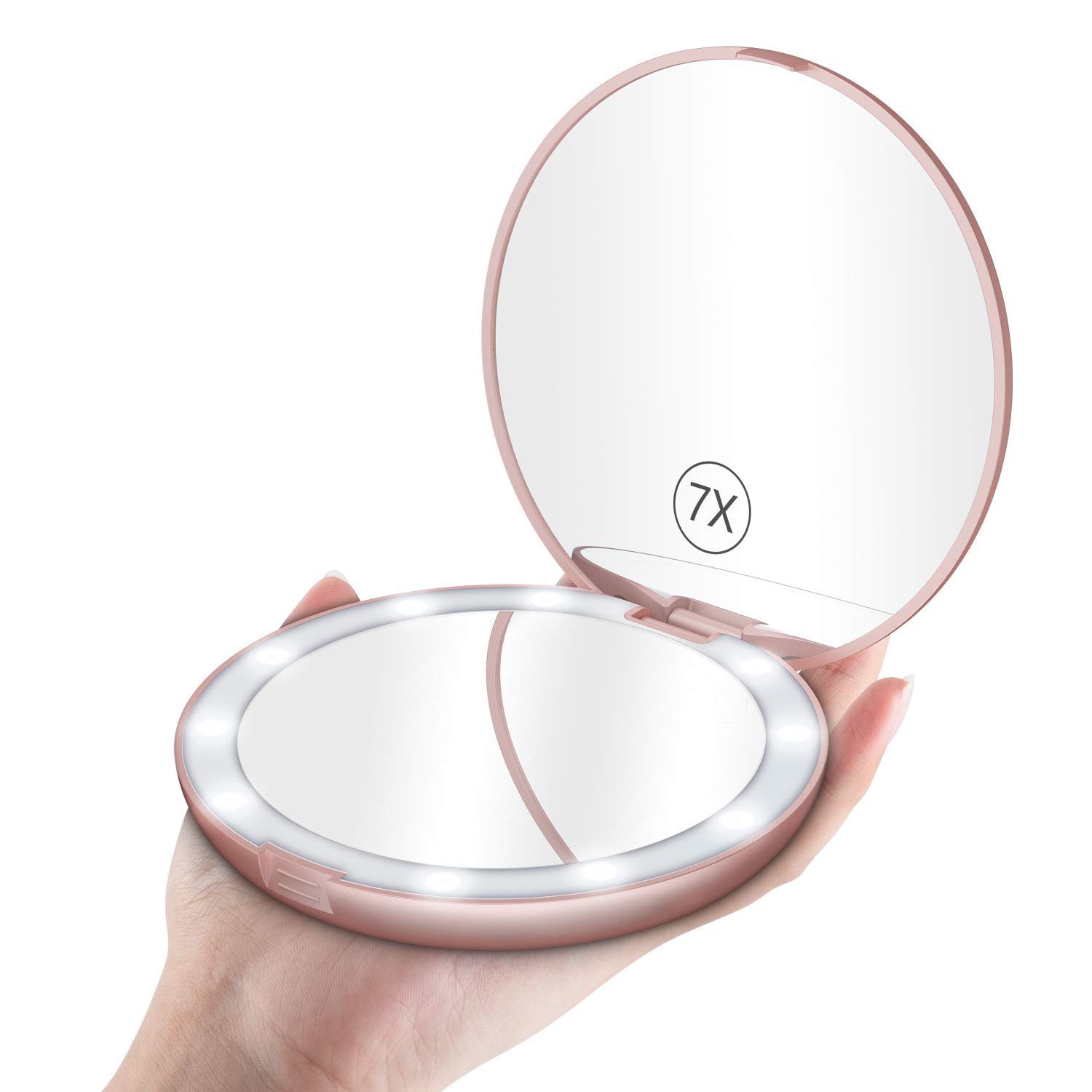 Benbilry LED Lighted Travel Makeup Mirror, 1x/7x Magnification, 5 Inch Dual Sided Vanity Mirror with Lights Portable Compact Illuminated Cosmetic Mirror – Perfect for Handbag Rose Gold