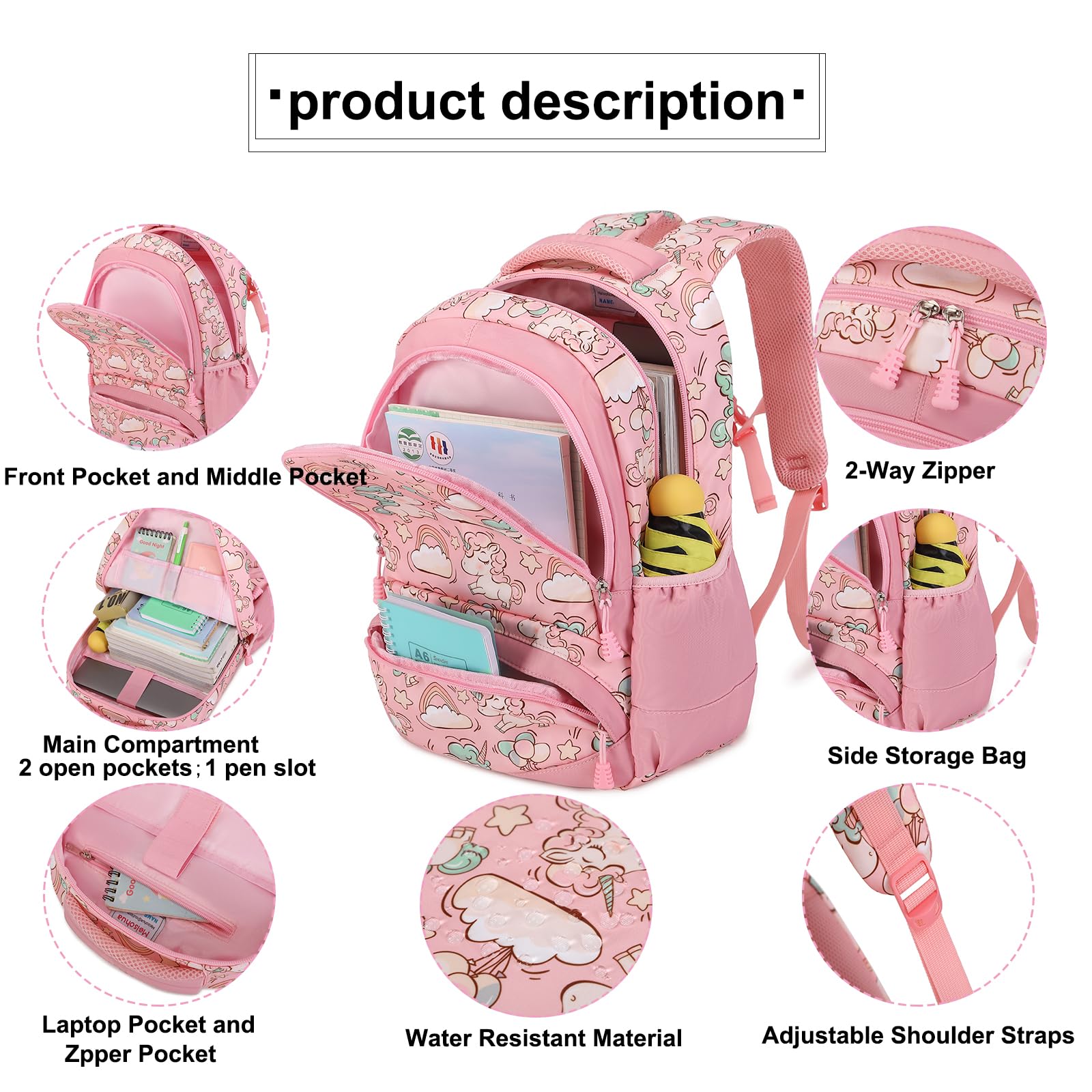 Meisohua School Backpacks Set Girls Unicorn Backpack with Lunch Bag and Pencil Case Kids 3 in 1 Bookbags Set School Bag for Elementary Preschool Water Resistant (Pink)