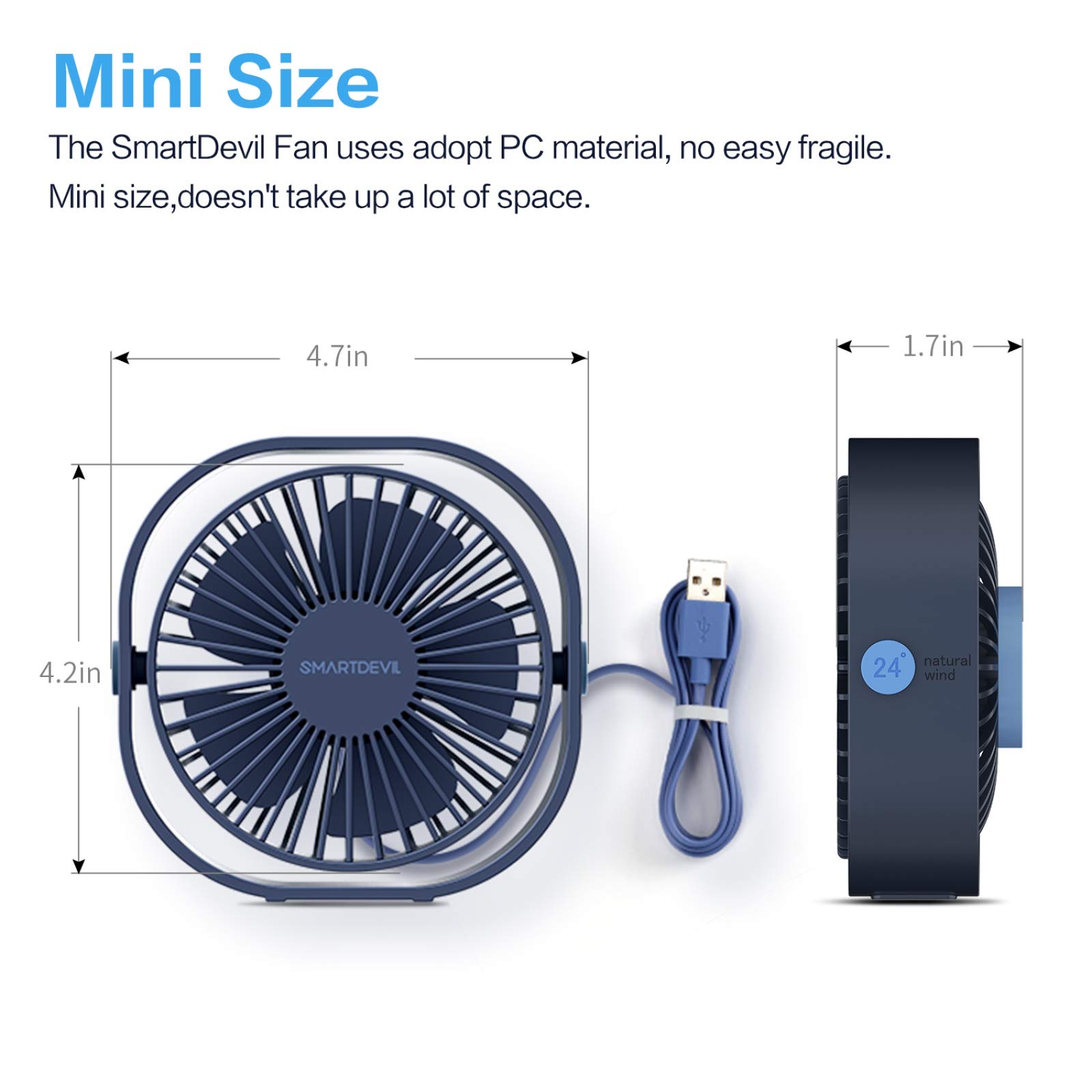 SmartDevil Small Personal USB Desk Fan,3 Speeds Portable Desktop Table Cooling Fan Powered by USB,Strong Wind,Quiet Operation,for Home Office Car Outdoor Travel (Navy Blue)