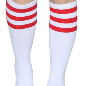 Pareberry Casual Cotton Solid & Triple Stripe Colors Knee High Tube Socks-3 Pairs (A08-Red/White)