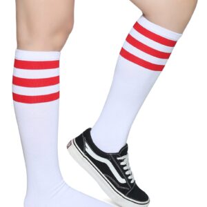 Pareberry Casual Cotton Solid & Triple Stripe Colors Knee High Tube Socks-3 Pairs (A08-Red/White)