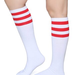 Pareberry Casual Cotton Solid & Triple Stripe Colors Knee High Tube Socks-3 Pairs (A08-Red/White)