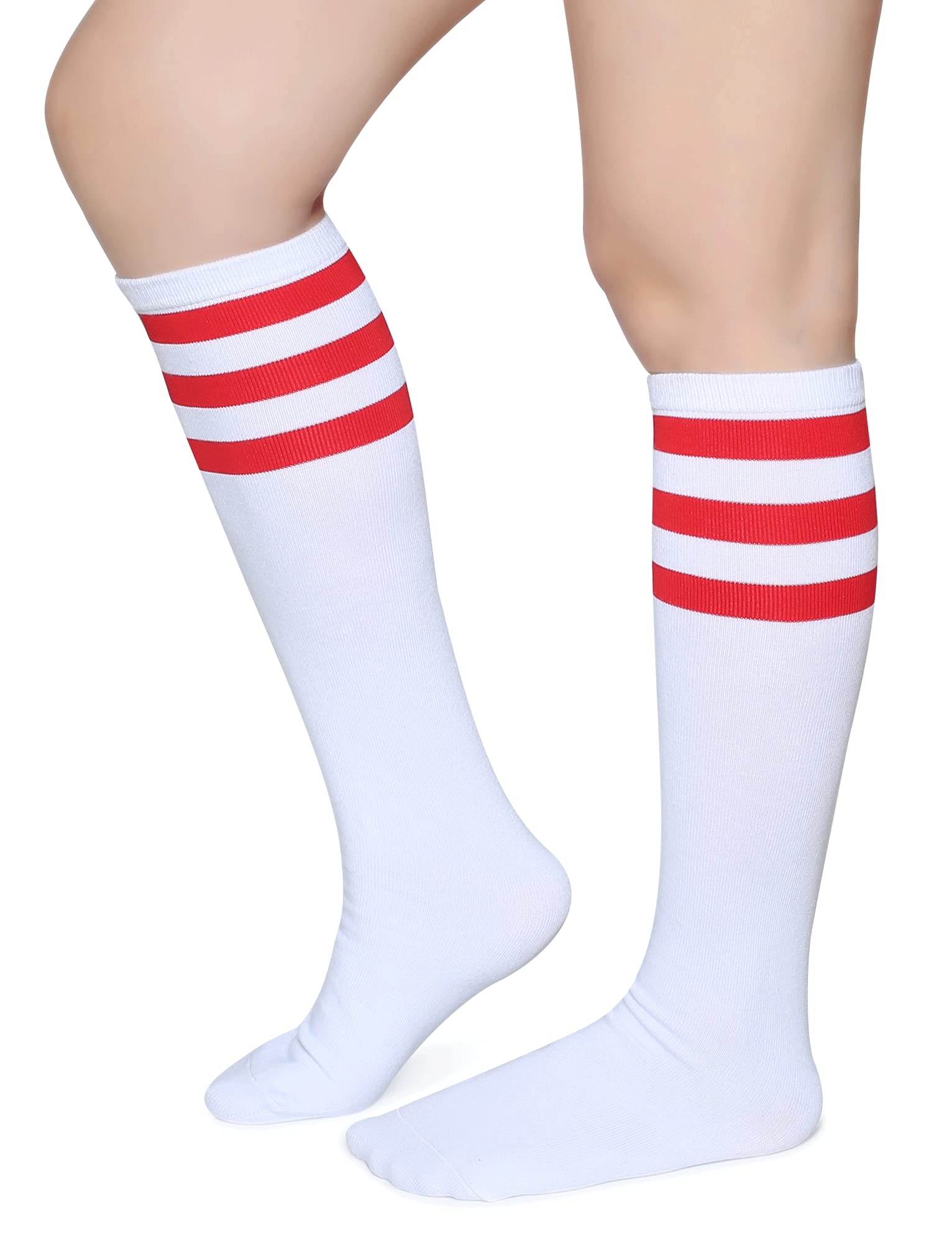 Pareberry Casual Cotton Solid & Triple Stripe Colors Knee High Tube Socks-3 Pairs (A08-Red/White)