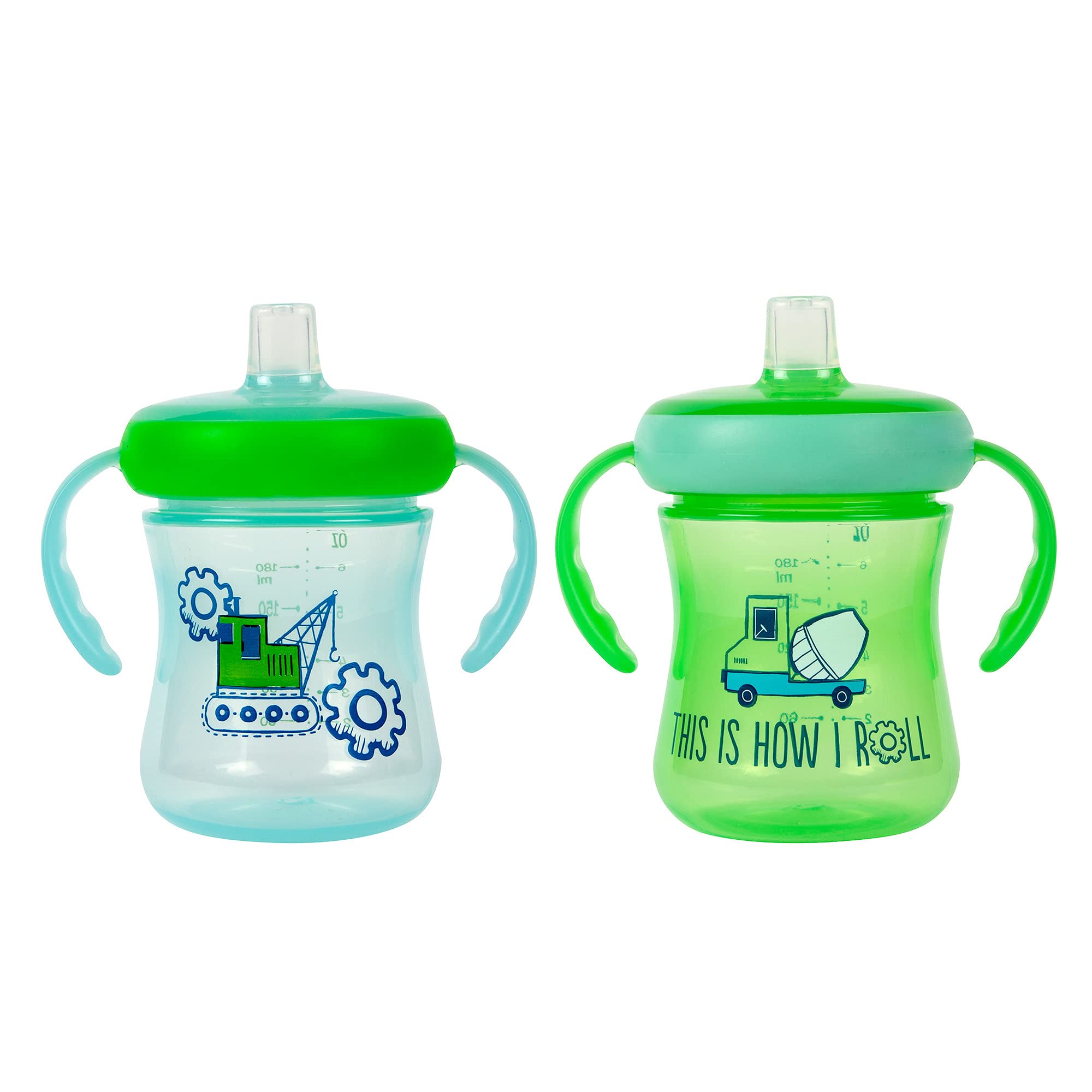 The First Years - Soft Spout Sippy Cup - Toddler Trainer Cup for 6+ Months -With Handles and Leak Proof Lid - 7 Oz - Construction Print - 2 Count