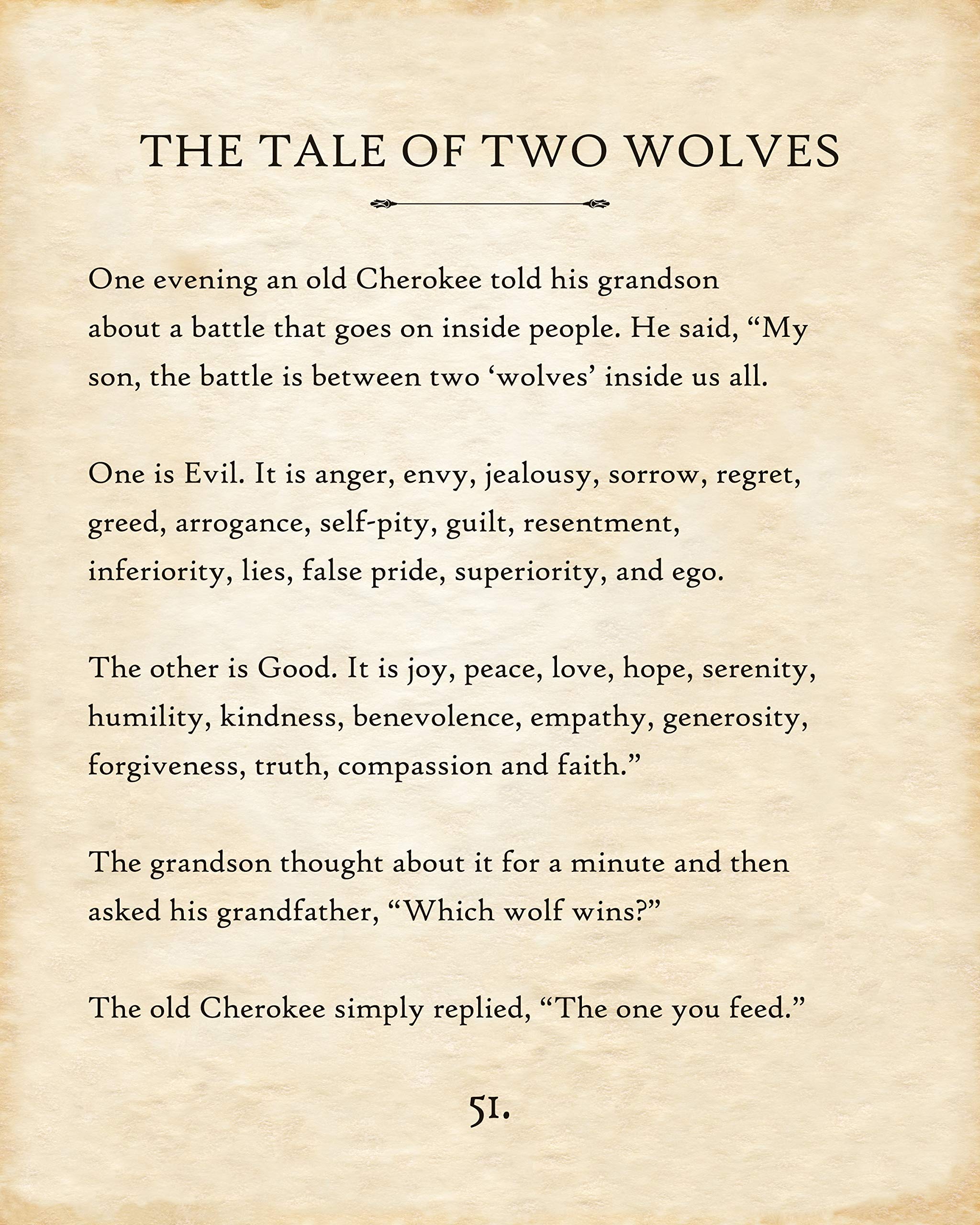 The Tale of Two Wolves Cherokee Poster - Canvas or Poster Native American Book Page Print - Great Motivational and Inspirational Gift for Home and Office Native American Decor for Home