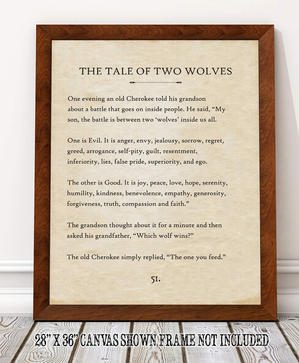 The Tale of Two Wolves Cherokee Poster - Canvas or Poster Native American Book Page Print - Great Motivational and Inspirational Gift for Home and Office Native American Decor for Home