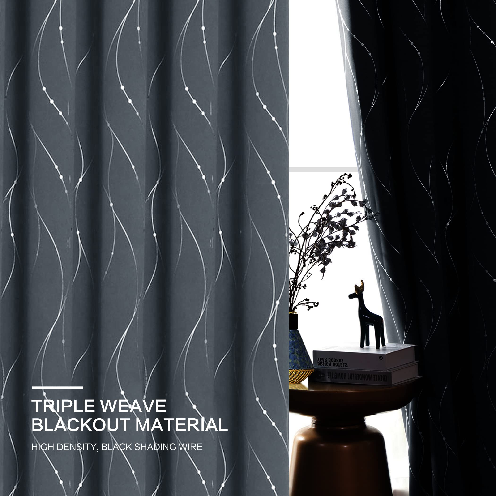 BUHUA Dark Grey Blackout Curtains, Insulated Curtains 63 Inch Length, Dining Room Curtains with Wave Printed, Energy Efficient Curtains for Bedroom 52W×63L, 2 Panels