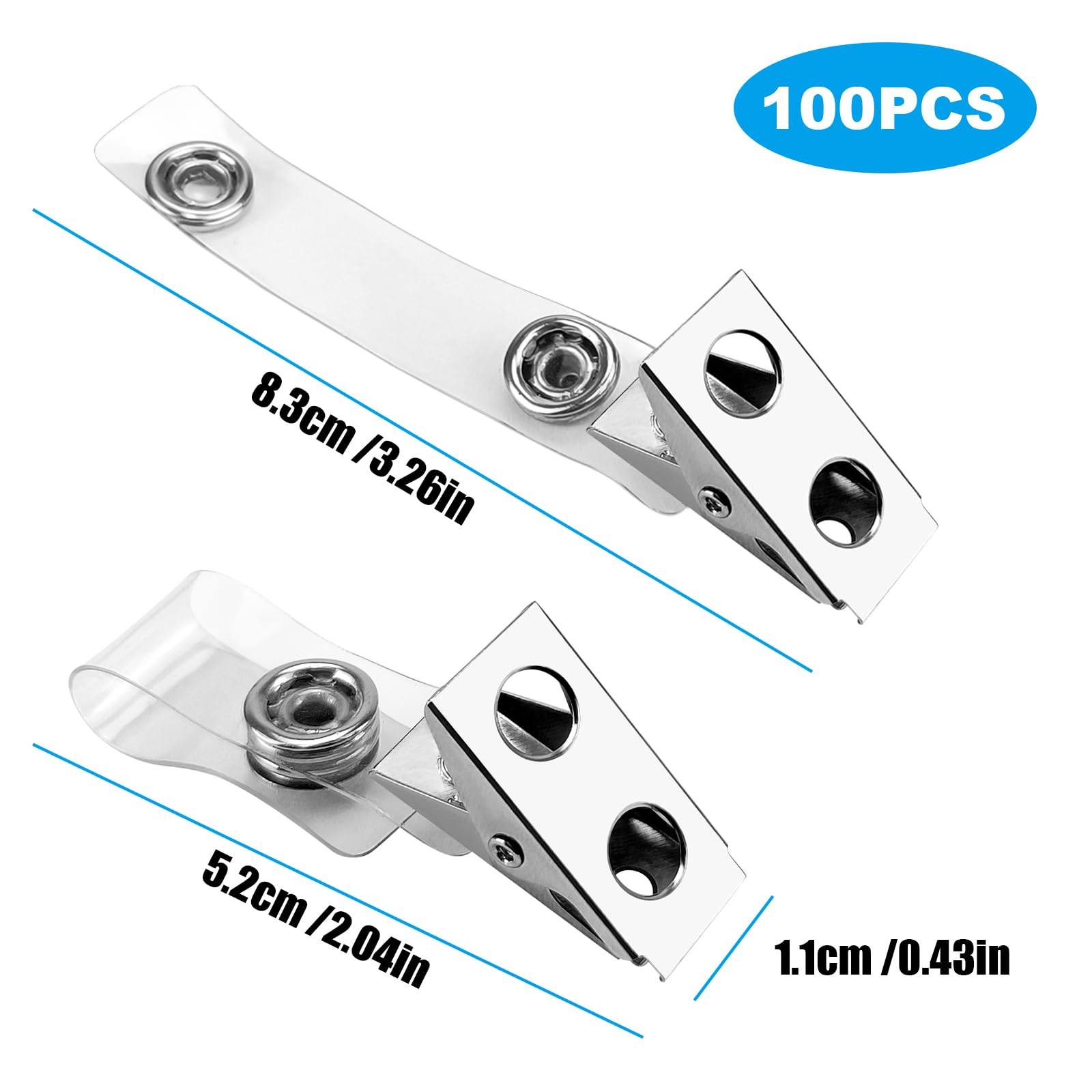 DE 100Pcs Metal Badge Clips with Clear PCV Straps,ID Strap Clip Adapter ID Badge Clips