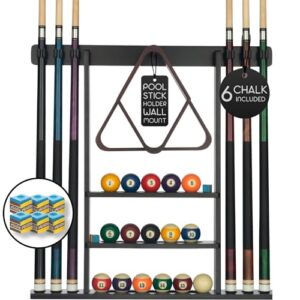 pool cue rack - pool stick holder wall mount with 16 ball holders & 6 pack of chalk - rubber circle pads & large clips prevent damage - compact billiard table accessories for man cave (black)