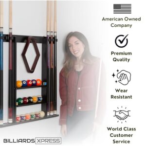 Pool Cue Rack - Pool Stick Holder Wall Mount With 16 Ball Holders & 6 Pack Of Chalk - Rubber Circle Pads & Large Clips Prevent Damage - Compact Billiard Table Accessories For Man Cave (Black)