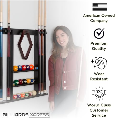 Pool Cue Rack - Pool Stick Holder Wall Mount With 16 Ball Holders & 6 Pack Of Chalk - Rubber Circle Pads & Large Clips Prevent Damage - Compact Billiard Table Accessories For Man Cave (Black)