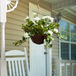 Pure Garden Faux Flowers White Geranium Hanging Natural and Lifelike Floral Arrangement with Basket for Home or Office