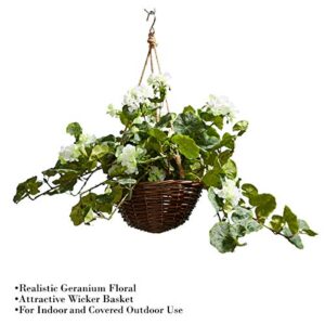 Pure Garden Faux Flowers White Geranium Hanging Natural and Lifelike Floral Arrangement with Basket for Home or Office