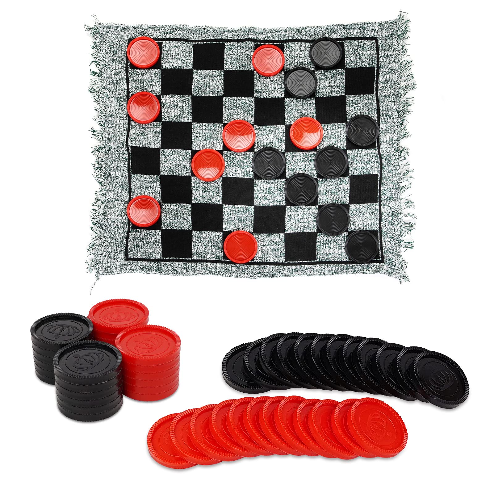 Win SPORTS 3 in 1 Giant Checkers,Mega Tic Tac Toe,Indoor Outdoor Jumbo Classic Board Games,30”Reversible Rug with 24 Checkers Pieces,Checkers Cloth Mat Game for Travel,Family Party,BBQ