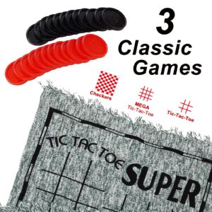 Win SPORTS 3 in 1 Giant Checkers,Mega Tic Tac Toe,Indoor Outdoor Jumbo Classic Board Games,30”Reversible Rug with 24 Checkers Pieces,Checkers Cloth Mat Game for Travel,Family Party,BBQ