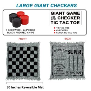 Win SPORTS 3 in 1 Giant Checkers,Mega Tic Tac Toe,Indoor Outdoor Jumbo Classic Board Games,30”Reversible Rug with 24 Checkers Pieces,Checkers Cloth Mat Game for Travel,Family Party,BBQ