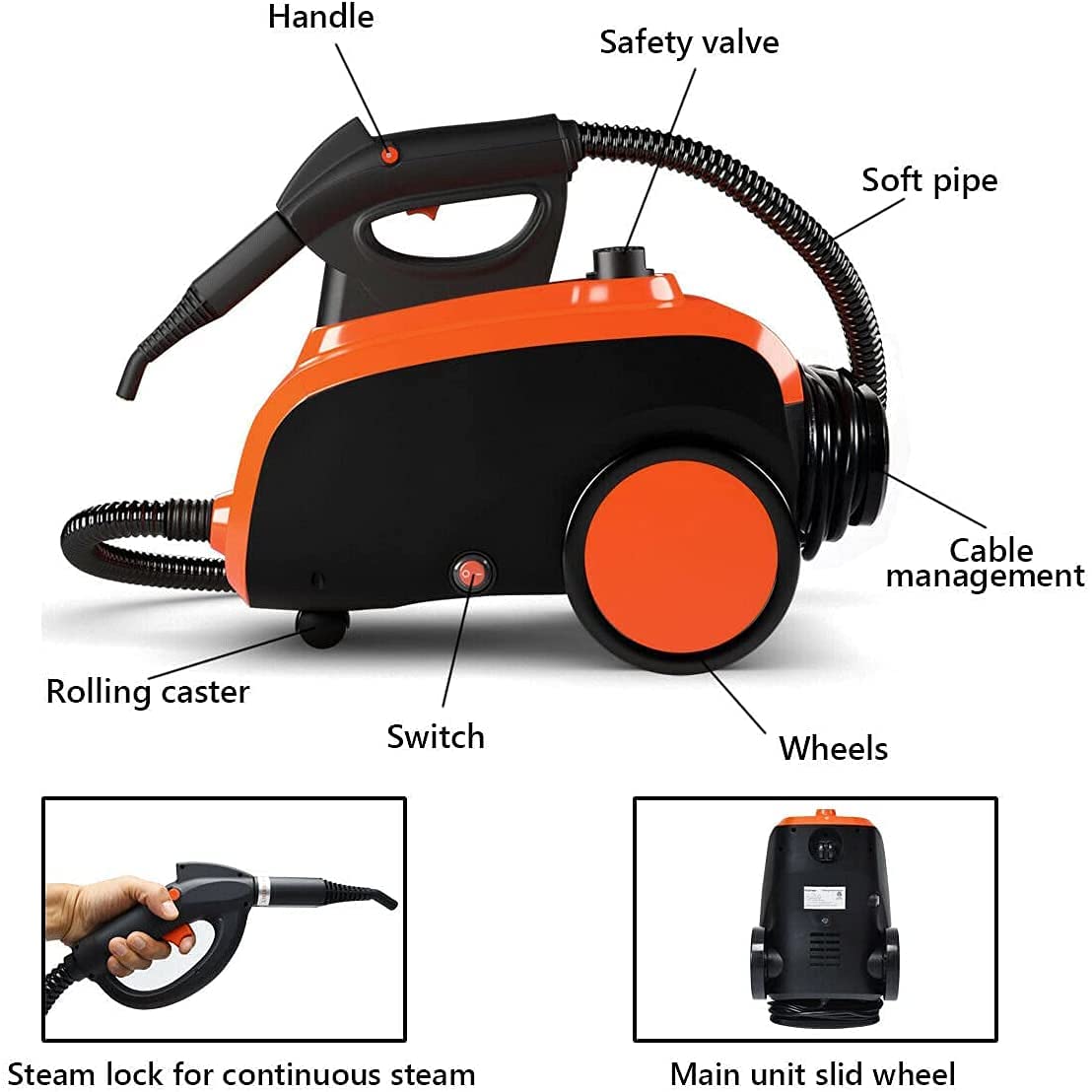 COSTWAY Multipurpose Steam Cleaner with 19 Accessories, Heavy Duty Household Steamer Chemical-Free Cleaning, 1.5L Dual-Tank Rolling Cleaning Machine for Carpet, Floor, Window and Car, Orange+Black