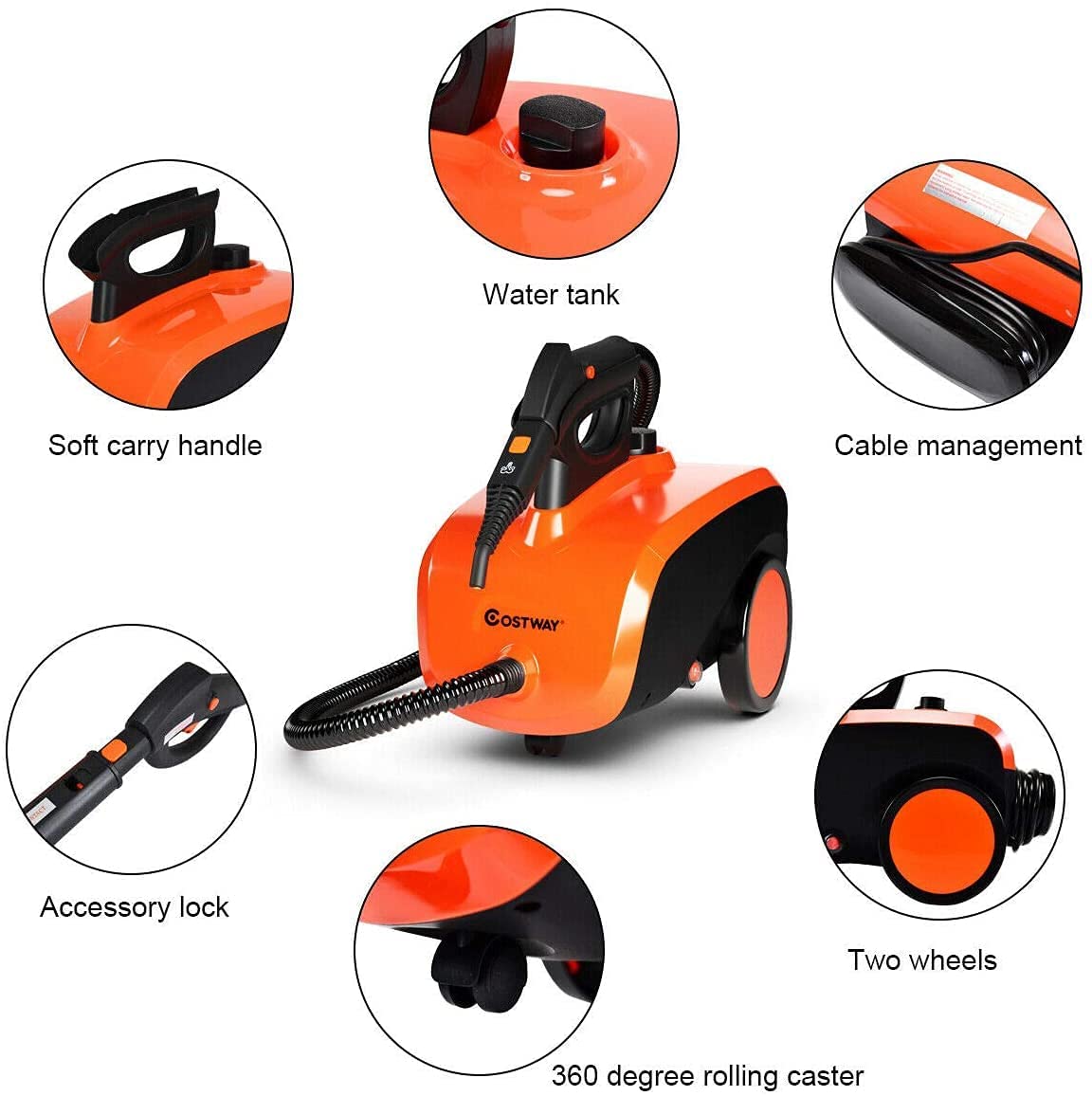 COSTWAY Multipurpose Steam Cleaner with 19 Accessories, Heavy Duty Household Steamer Chemical-Free Cleaning, 1.5L Dual-Tank Rolling Cleaning Machine for Carpet, Floor, Window and Car, Orange+Black