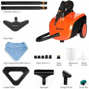 COSTWAY Multipurpose Steam Cleaner with 19 Accessories, Heavy Duty Household Steamer Chemical-Free Cleaning, 1.5L Dual-Tank Rolling Cleaning Machine for Carpet, Floor, Window and Car, Orange+Black