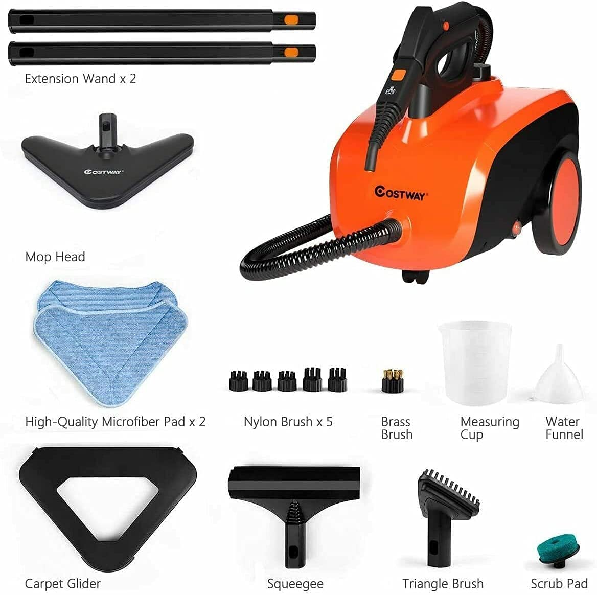 COSTWAY Multipurpose Steam Cleaner with 19 Accessories, Heavy Duty Household Steamer Chemical-Free Cleaning, 1.5L Dual-Tank Rolling Cleaning Machine for Carpet, Floor, Window and Car, Orange+Black