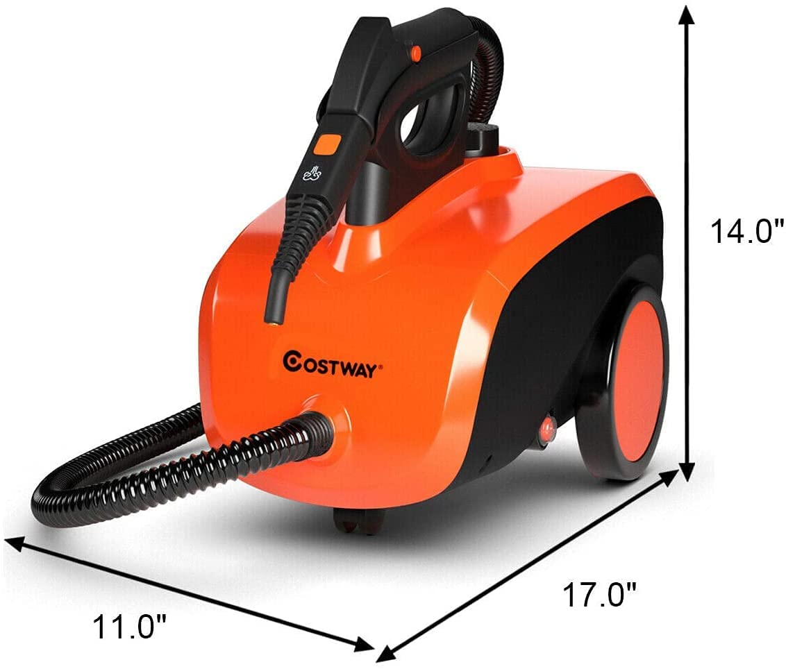 COSTWAY Multipurpose Steam Cleaner with 19 Accessories, Heavy Duty Household Steamer Chemical-Free Cleaning, 1.5L Dual-Tank Rolling Cleaning Machine for Carpet, Floor, Window and Car, Orange+Black