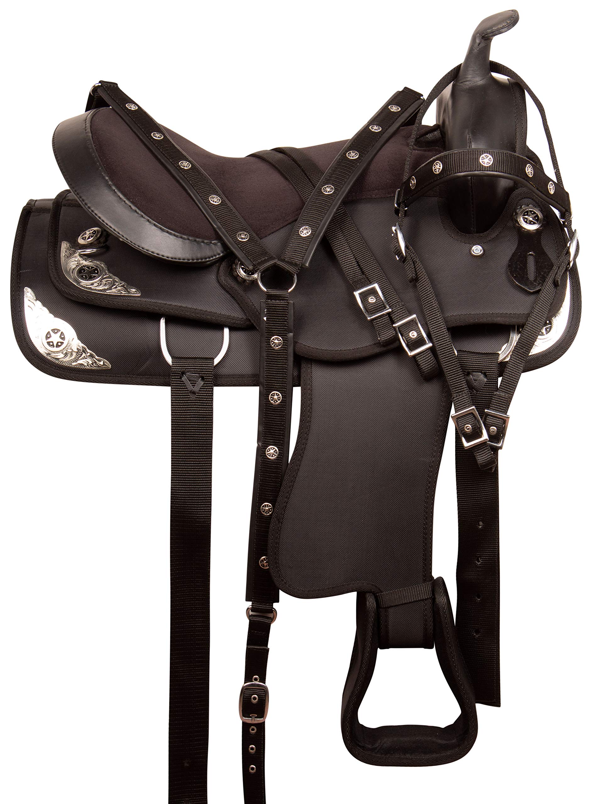 Acerugs 12” 13” 14” 15” 16” 17” 18” WESTERN PLEASURE TRAIL Silver TEXAS STAR LIGHT WEIGHT SYNTHETIC HORSE SADDLE TACK SET PAD (Black, 18" FQHB)