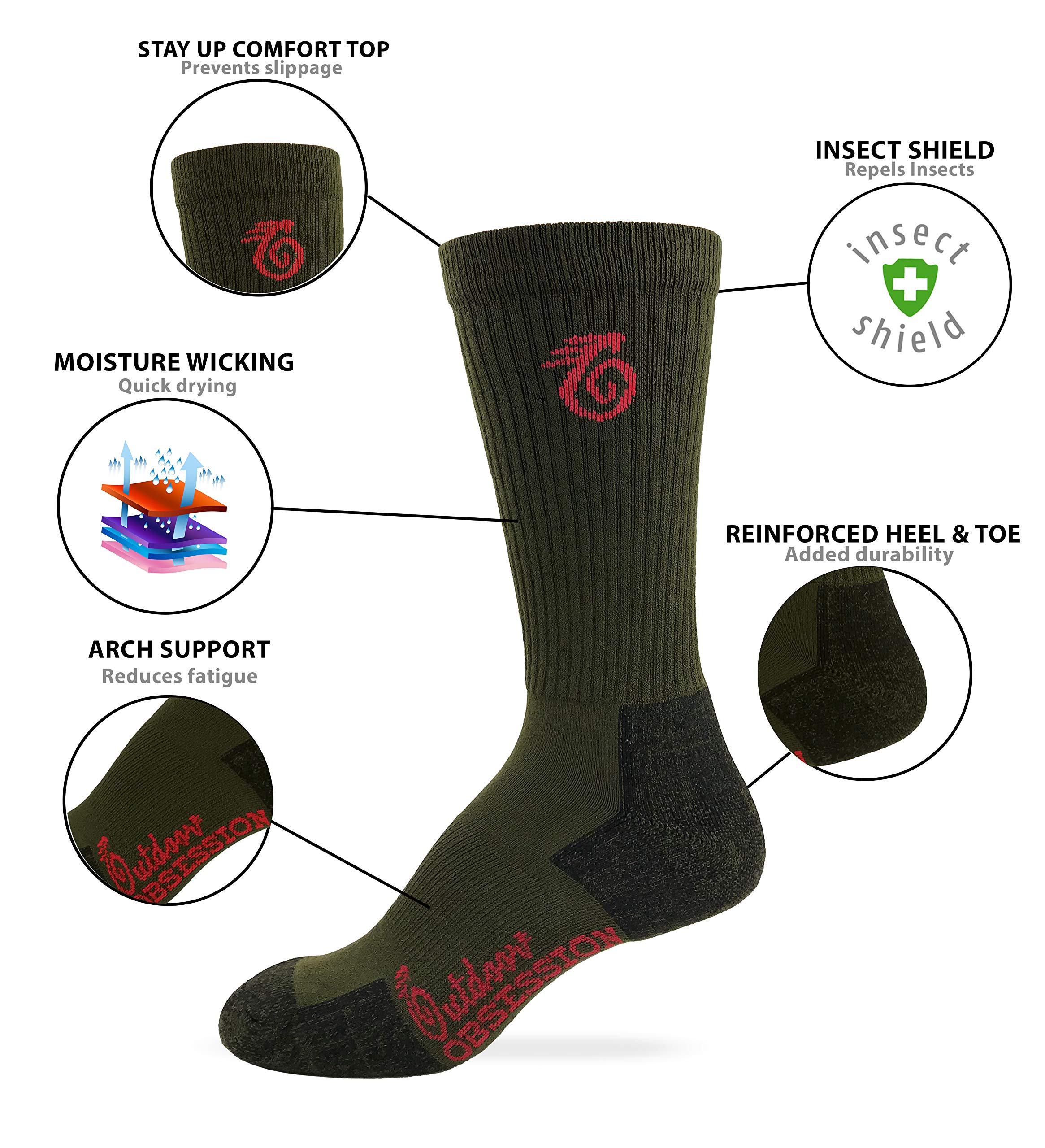 Outdoor Obsession Mens Insect Shield Crew Socks 3 Pair Pack (Olive, Men's Shoe Size 9-13 - Sock Size Large)