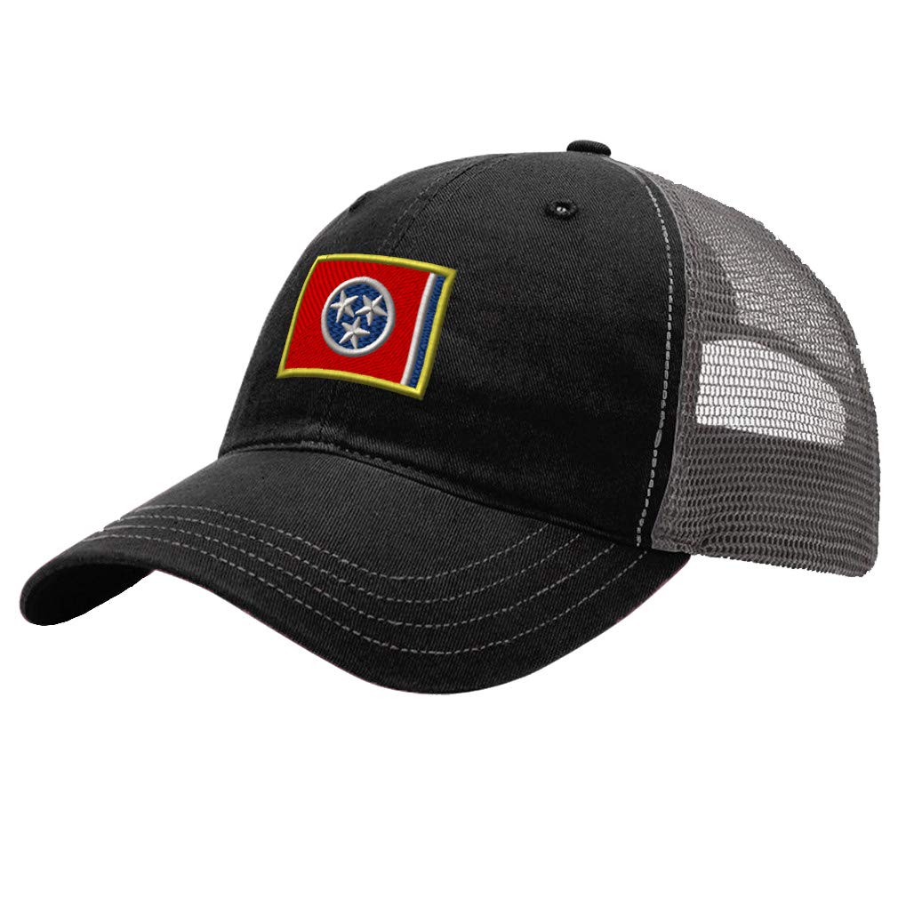 Trucker Hat Richardson Tennessee State Flag Embroidery State Name Cotton Soft Mesh Cap Snaps - Black/Charcoal, Design Only