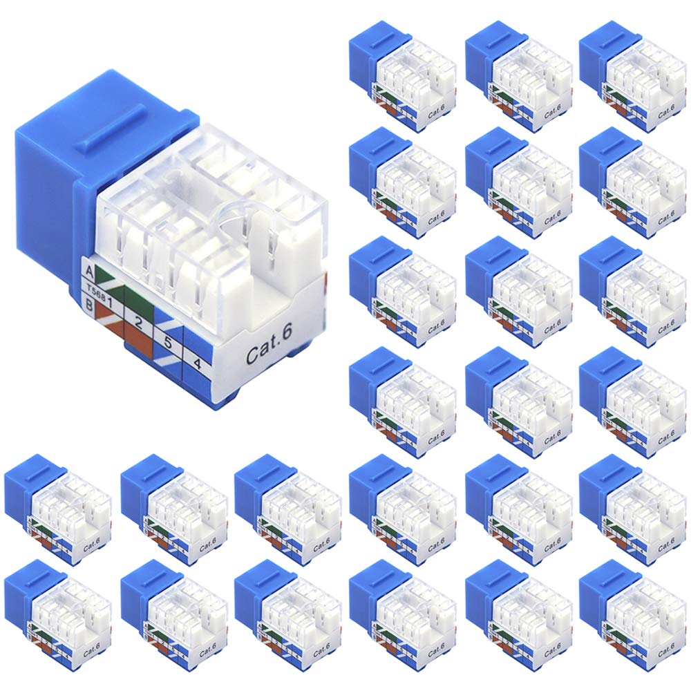 VCE RJ45 Cat6 Keystone Jacks Slim Profile UL-Listed 25-Pack, 90-Degree Ethernet Punch Down Keystone Jack Adapter-Blue