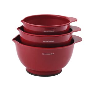 kitchenaid universal nesting plastic mixing bowls, set of 3, 2.5 quart, 3.5 quart, 4.5 quart, non slip base with easy pour spout to reduce mess, dishwasher safe, empire red