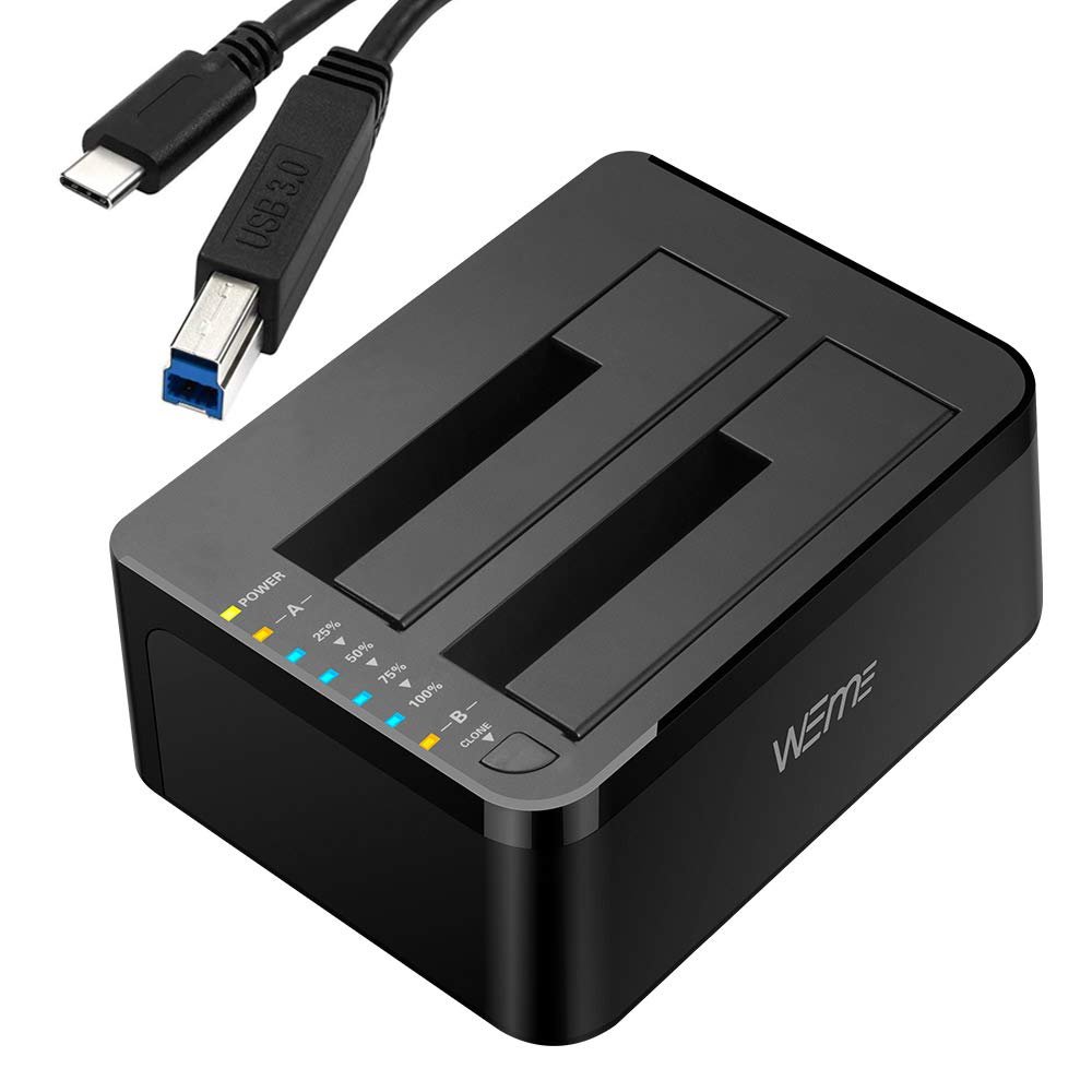 WEme USB C 3.0 to SATA External Hard Drive Dock Docking Station, SSD HDD Disk Duplicator Cloner for Dual Bay 2.5 3.5 Inch SATA I II III, Support UASP and Auto Sleep and 2X 12TB, Black