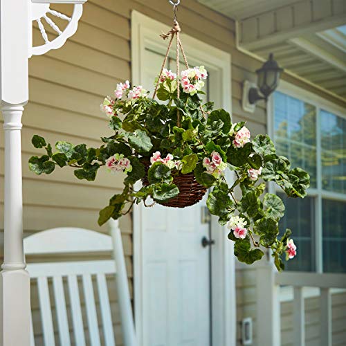 Pure Garden Faux Flowers - Light Pink Geranium Hanging Natural and Lifelike Floral Arrangement with Basket for Home or Office