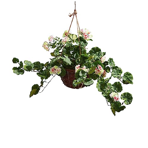 Pure Garden Faux Flowers - Light Pink Geranium Hanging Natural and Lifelike Floral Arrangement with Basket for Home or Office