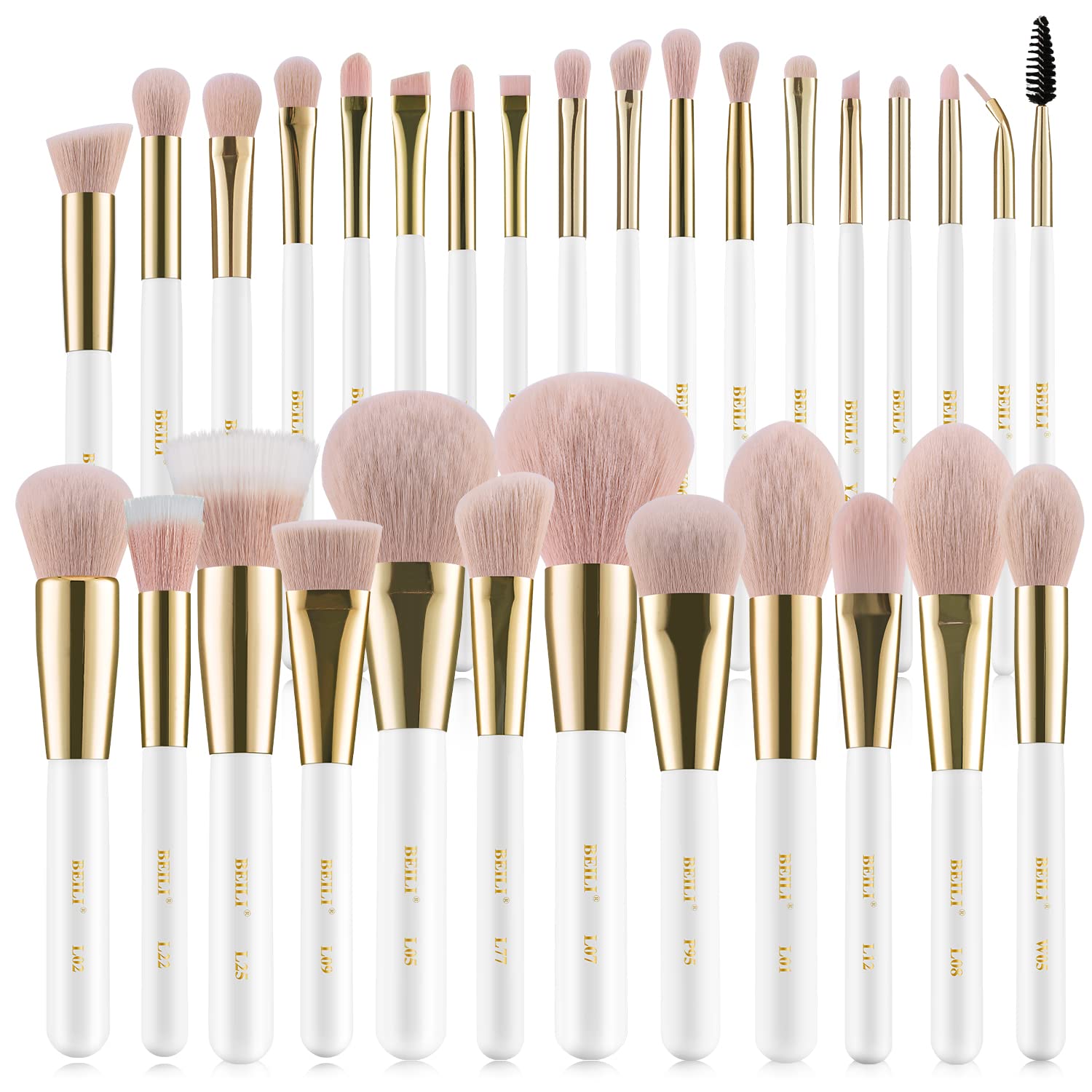 BEILI Makeup Brushes Set 30Pcs Professional Makeup Brush Premium Pink Vegan Synthetic Kabuki Foundation Blending Brush Face Powder Blush Concealers Eye Shadows Make Up Brush Set (White/Rose Golden)