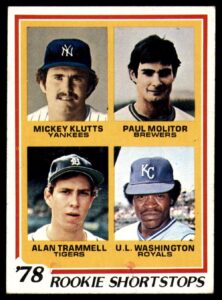 1978 topps #707 mickey klutts/paul molitor/alan trammell/u.l. washington rookie shortstops nm-mt rc rookie new york yankees/milwaukee brewers/detroit tigers/kansas city royals baseball