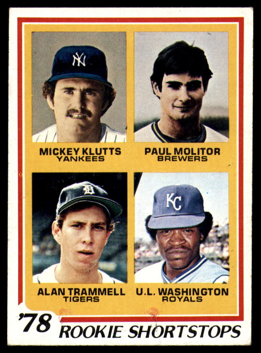 1978 Topps #707 Mickey Klutts/Paul Molitor/Alan Trammell/U.L. Washington Rookie Shortstops NM-MT RC Rookie New York Yankees/Milwaukee Brewers/Detroit Tigers/Kansas City Royals Baseball