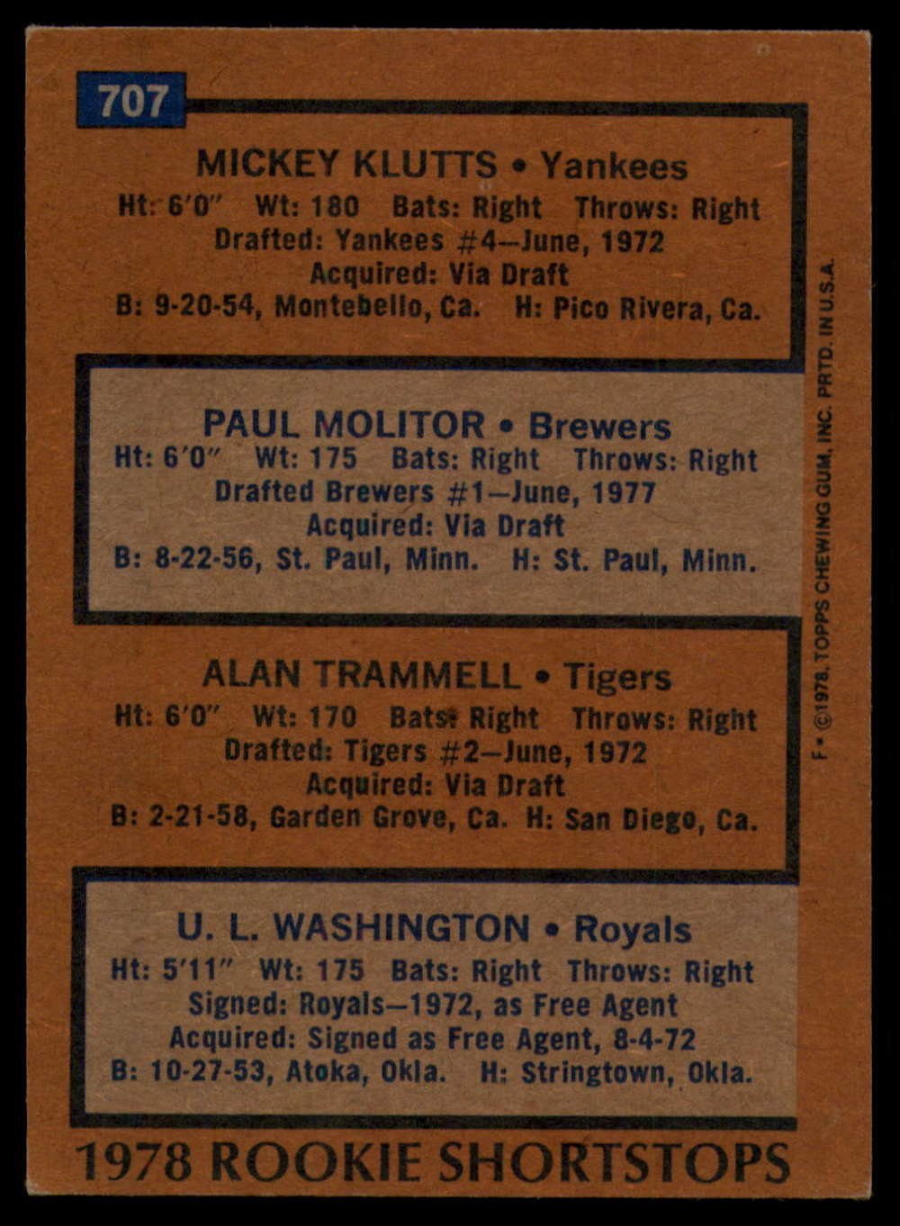 1978 Topps #707 Mickey Klutts/Paul Molitor/Alan Trammell/U.L. Washington Rookie Shortstops NM-MT RC Rookie New York Yankees/Milwaukee Brewers/Detroit Tigers/Kansas City Royals Baseball