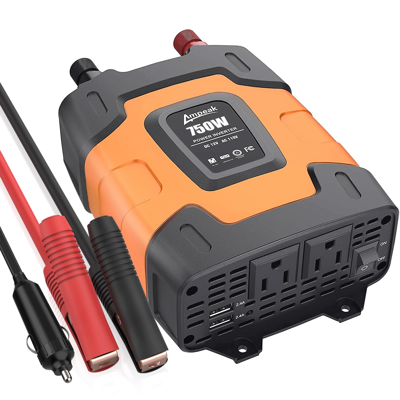 Ampeak 750W Power Inverter 4.8A Dual USB Ports 2 AC Outlets Car Inverter DC 12V to AC 110V 11 Protections for Devices