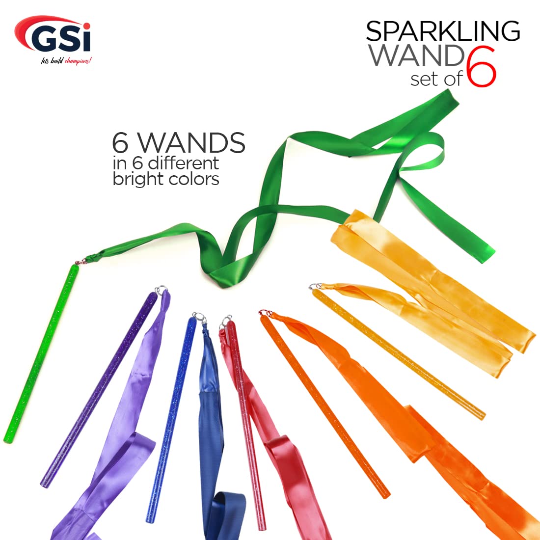 GSI Multicolor Sparkling Gymnastic Ribbon Wands [6 pack] with 9 inch stick and 1 meter ribbon for Gym, Training, Circus, Dance, Baton Twirling, Dancing Streamers (pack of 6)