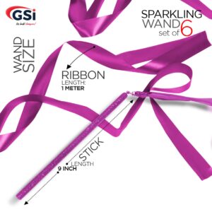 GSI Multicolor Sparkling Gymnastic Ribbon Wands [6 pack] with 9 inch stick and 1 meter ribbon for Gym, Training, Circus, Dance, Baton Twirling, Dancing Streamers (pack of 6)