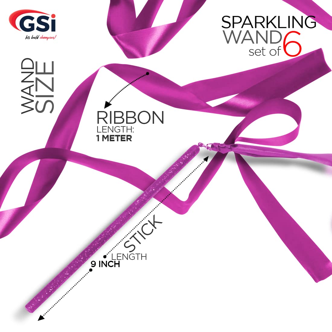 GSI Multicolor Sparkling Gymnastic Ribbon Wands [6 pack] with 9 inch stick and 1 meter ribbon for Gym, Training, Circus, Dance, Baton Twirling, Dancing Streamers (pack of 6)