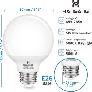 hansang G25 LED Globe Light Bulbs, 60W Equivalent, 5000K Daylight Bathroom, E26 Base, Eye-Friendly Vanity Round, Perfect for Vanity Makeup Mirror, 120V CRI85+ Non-Dimmable 4Pack