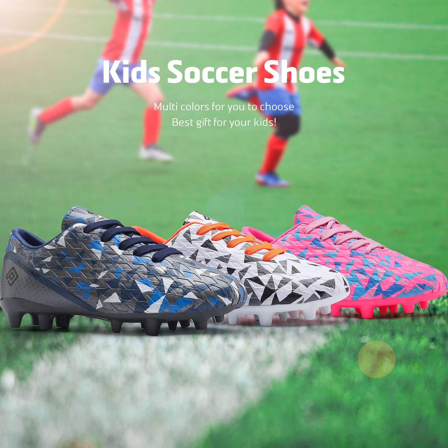 DREAM PAIRS Boys Girls Soccer Cleats Youth Firm Groud Athletic Outdoor Trainning Teen Football Shoes for Little/Big Kid,Size 1 Little Kid,Fuchsia/Pink/Royal/Blue,HZ19003K