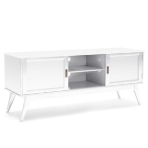 simplihome draper solid hardwood 60 inch wide mid century modern tv media stand in white for tvs up to 65 inches, for the living room and entertainment center