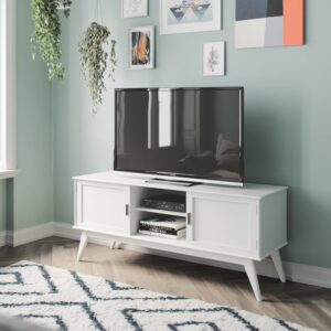 SIMPLIHOME Draper SOLID HARDWOOD 60 Inch Wide Mid Century Modern TV Media Stand in White for TVs up to 65 Inches, For the Living Room and Entertainment Center