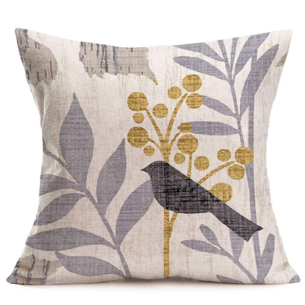 Smilyard Animal Throw Pillow Cover Vintage Bird's Shadow with Leaf Decorative Pillow Covers Cotton Linen Pillowcase Euro Style Home Decor Sofa Car Garden 18x18 Inch Set of 4(BS 4Pack)