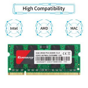 4GB Kit (2GBX2) DDR2 667 sodimm RAM, Kuesuny PC2-5300 / PC2-5300S CL5 200-Pin Non-ECC Unbuffered Notebook Laptop Memory Modules