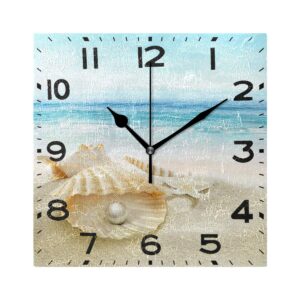 naanle 3d stylish beautiful summer beach seashell with big pearl print square wall clock decorative, 8 inch battery operated quartz analog quiet desk clock for home,office,school